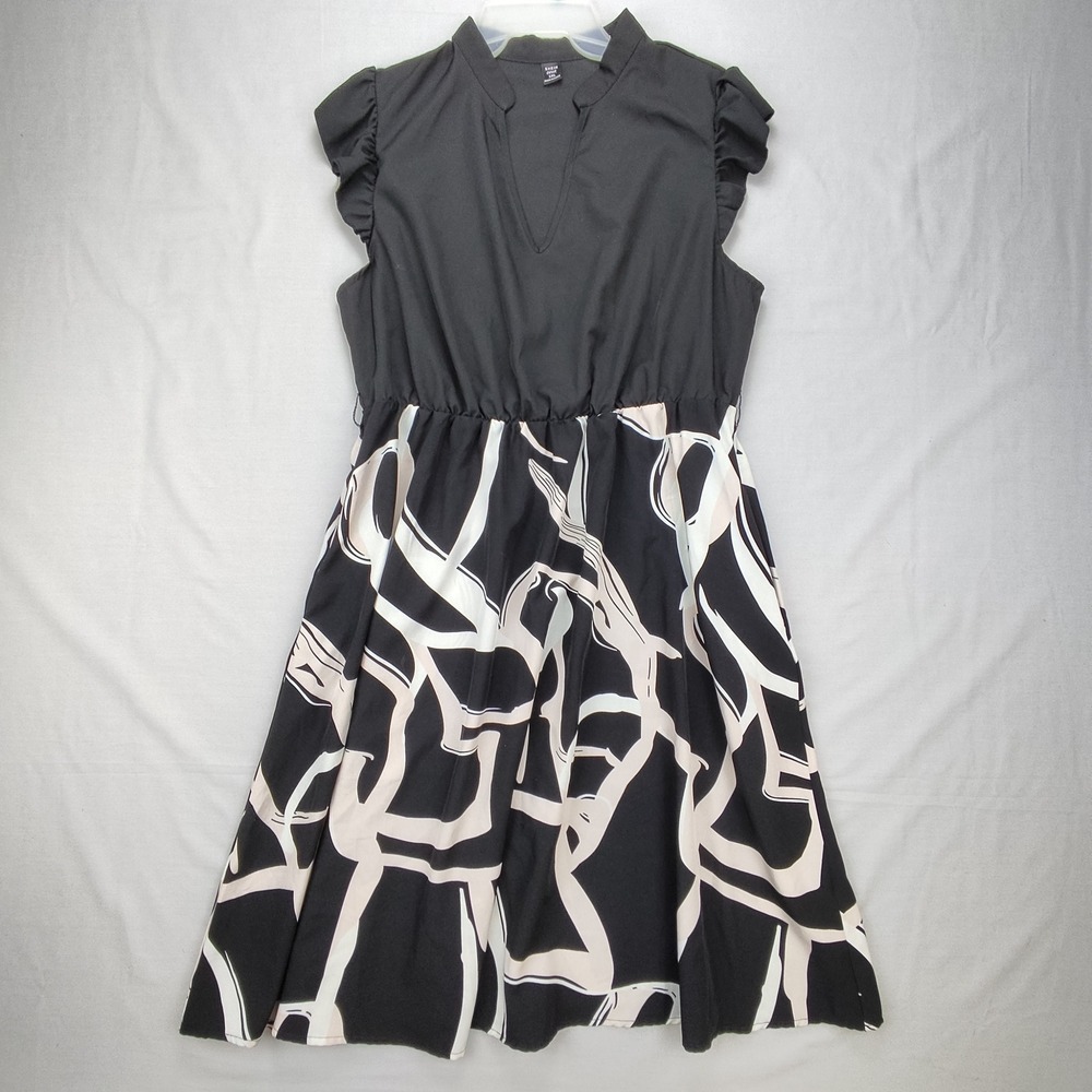 SHEIN Dress Women 1XL Black Abstract Print Ruffle Sleeve V-Neck Fit Flare Dress
